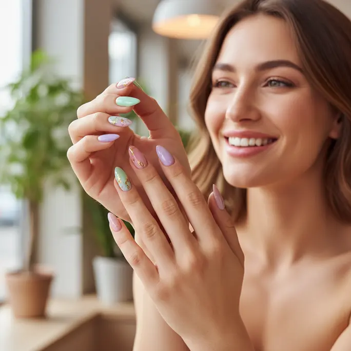 Happy woman with painted nails